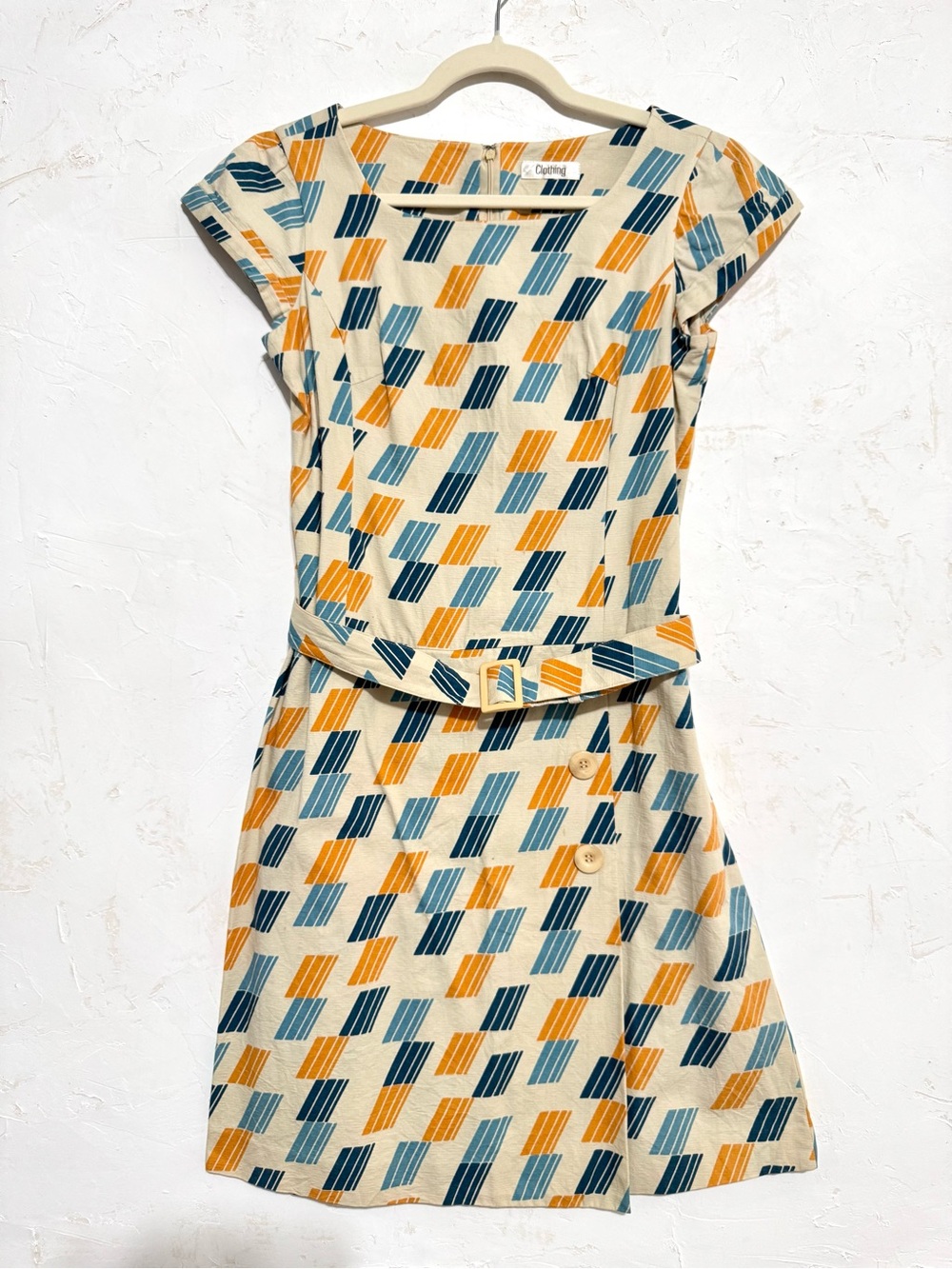 Vintage Japanese Geometric Print Belted Dress